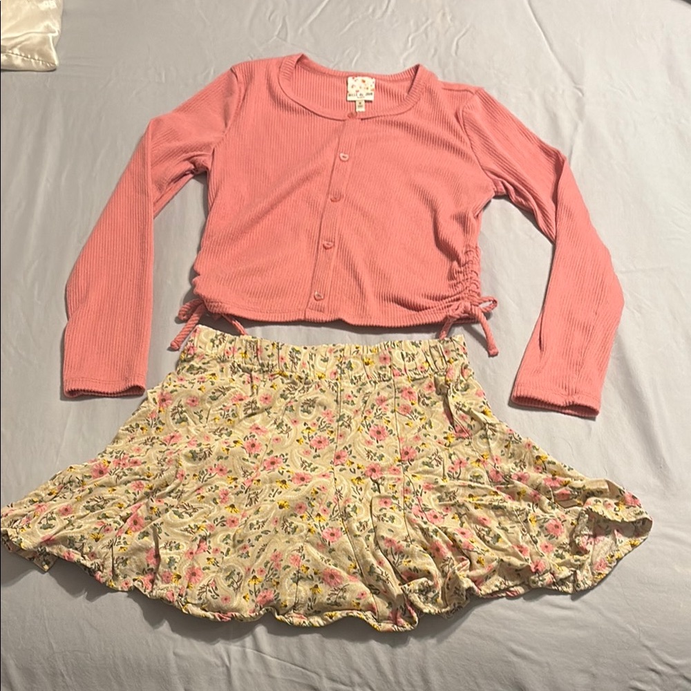 Belle Du Jour Pink shirt with heart buttons and Floral Skirt Set